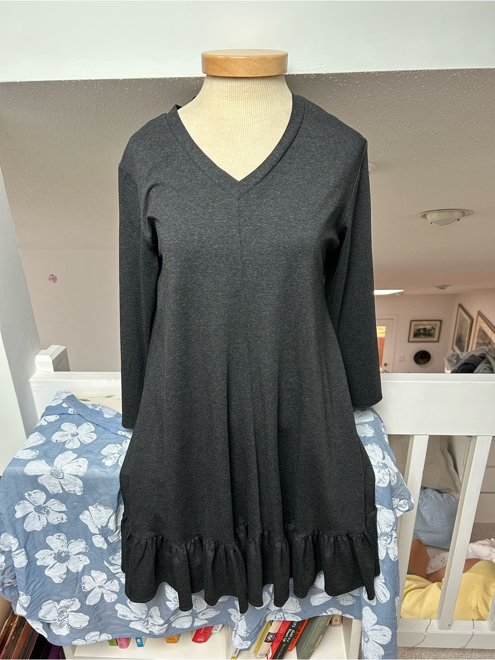 Women's Charcoal V-Neck Ruffle-Hem Mini Dress